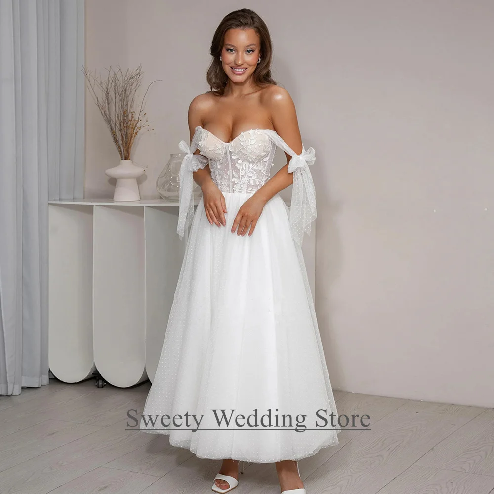 Sexy gepunktetes Tüll-Hochzeitskleid, individuelle Schleife, Träger, herzförmig, durchsichtig, Applikation, Tüll, A-Linie, Brautkleid, knöchellang