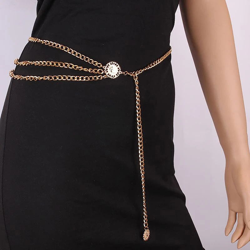 Women Fashion Belt Hip High Waist Gold Silver Narrow Metal Chain Chunky Fringes Crystal Diamond Waist Chain Corset Chain Belt