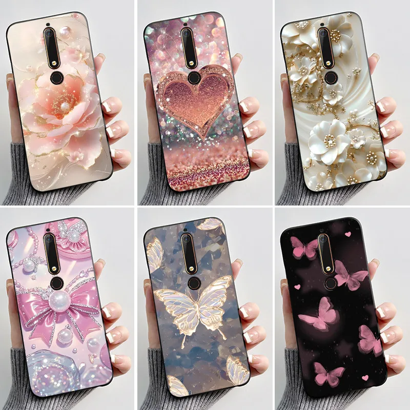 Funda con estampado para Nokia 6,1/Nokia 6,1 Plus/Nokia X6/Nokia 6, Funda de silicona suave, Funda negra, Fundas con flores bonitas, Capa