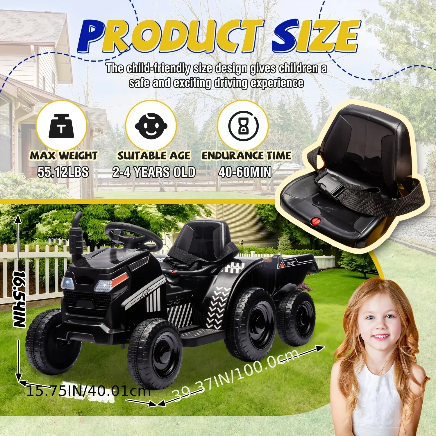 Electric Tractor for Kids 3-6 Years, 12V Ride-On Toy Vehicle, with Detachable Trailer, Anti-Slip Tires, Music/MP3 & USB