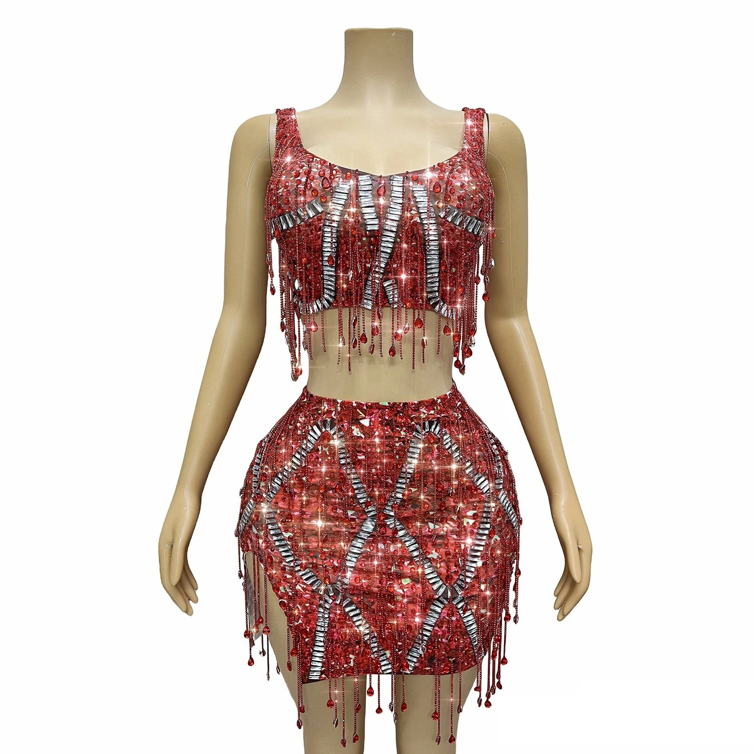 2025 sexy vermelho borlas diamante vestido boate dj bar dança cantor equipe festa feminino gogo dançarino drag queen palco traje dn21604