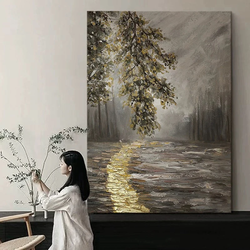

Современная 100% ручная работа, абстрактная картина маслом с золотой фольгой, постер с пейзажем для гостиной, настенное искусство для декора за диваном, настенная роспись.