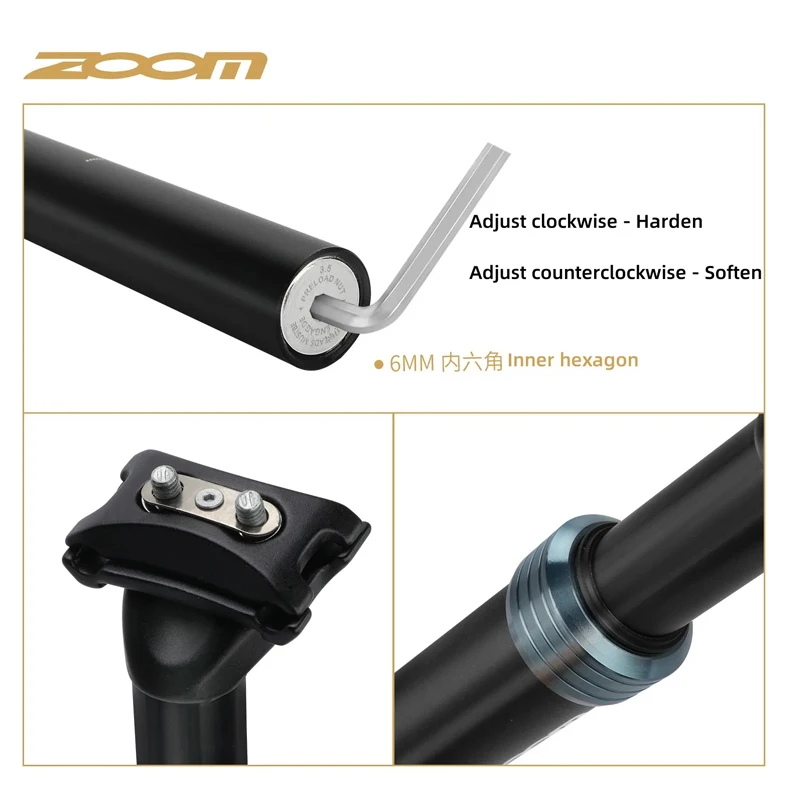 ZOOM Bike Seat Post 27.2/28.6/30.0/30.4/30.9/31.6/33.9mm Mountain bike/Road Bike Seat Post Length 350mm Shock Absorber Seat Post