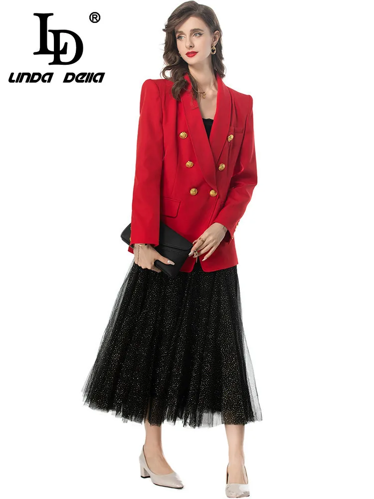 LD LINDA DELLA 2024 Autumn Luxury Skirt Sets Women's Solid Color Double Breasted Suits+Net Yarn Sequins Skirt  Two Pieces Set