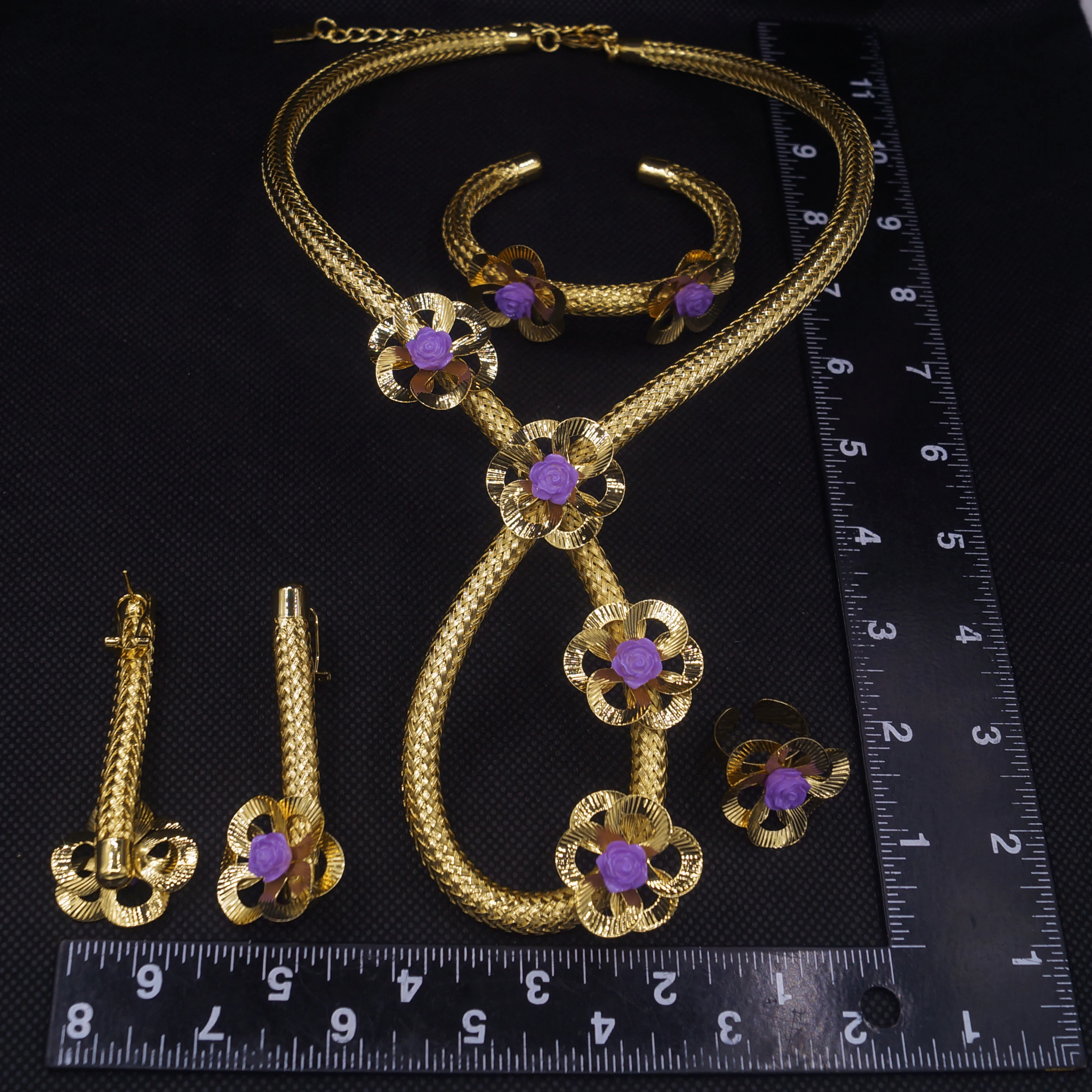 Yulaili new Brazilian gold plated jewelry set Purple Flower Sweet romantic casual bracelet Earrings ring girl engagement party g