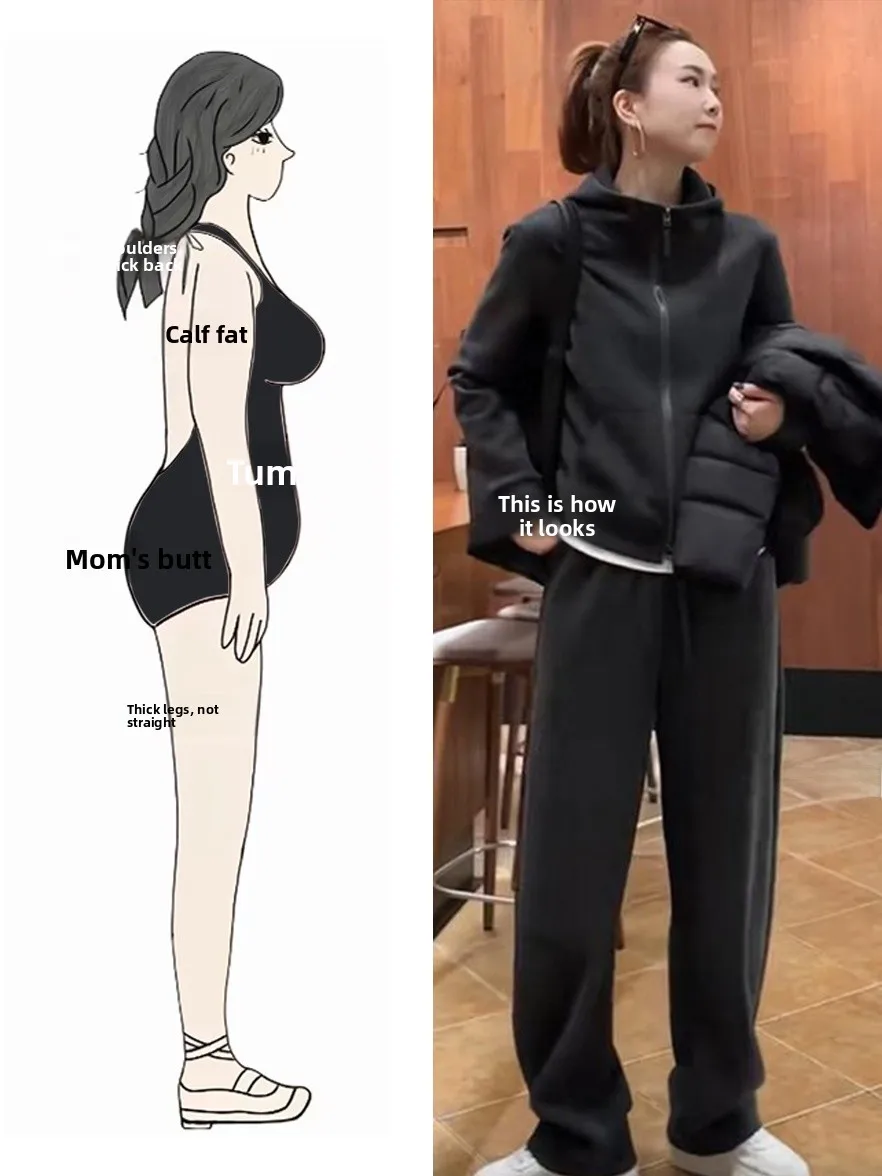 

Fall Winter Women's Hoodie Sweatshirt High Waist Elastic Wide Leg Pants Casual Slimming Effect Pure Color Matching Set