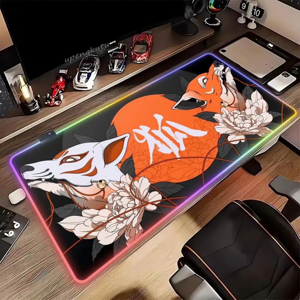 

Коврик для мыши с маской лисы, RGB HD XXL, милый коврик для мыши и клавиатуры, большой коврик для ПК, игровой коврик для ноутбука, светодиодный настольный коврик