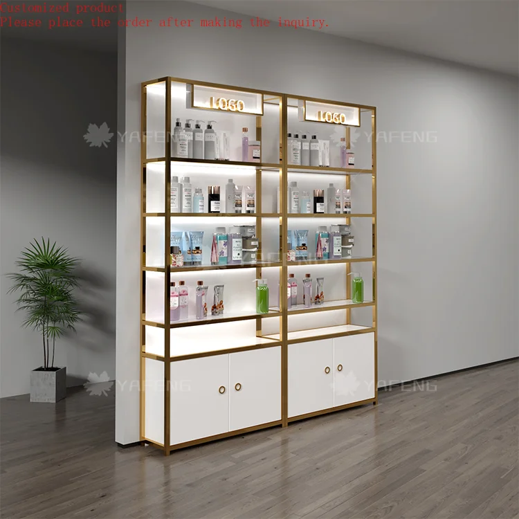 Custom.Beauty Salon Cosmetics Display Cabinet with Multi-Layer Product Shelf Nail Polish Rack and Bag Shelf for Storefront Displ