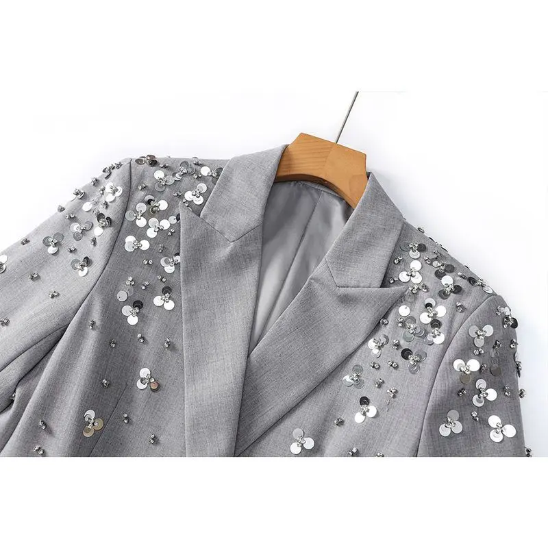 2025 Style Grey Suit Jacket Women's Quality Fashionable Heavy Work Embellished Coat Long Sleeve Commute Spring Season