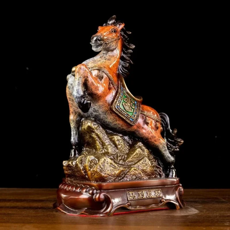 Painted Brass Figurine - Zodiac , Auspicious Success, Leaping Horse Ornament, Gift for Home Living Room, Cr