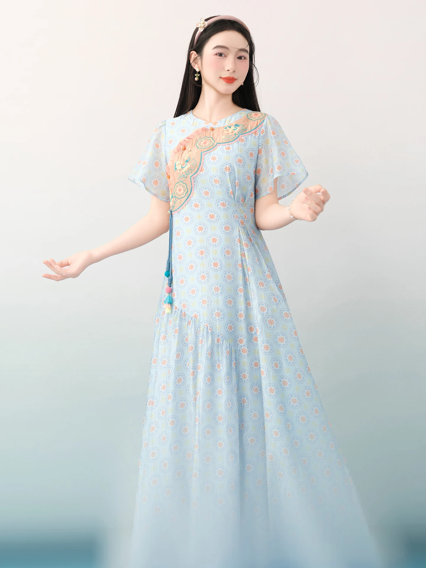 Original Ethnic Style Embroidered Slim Fit Short Sleeve Dress Summer New Arrival by Sorlu A-Line Dress Casual Wear round Neck