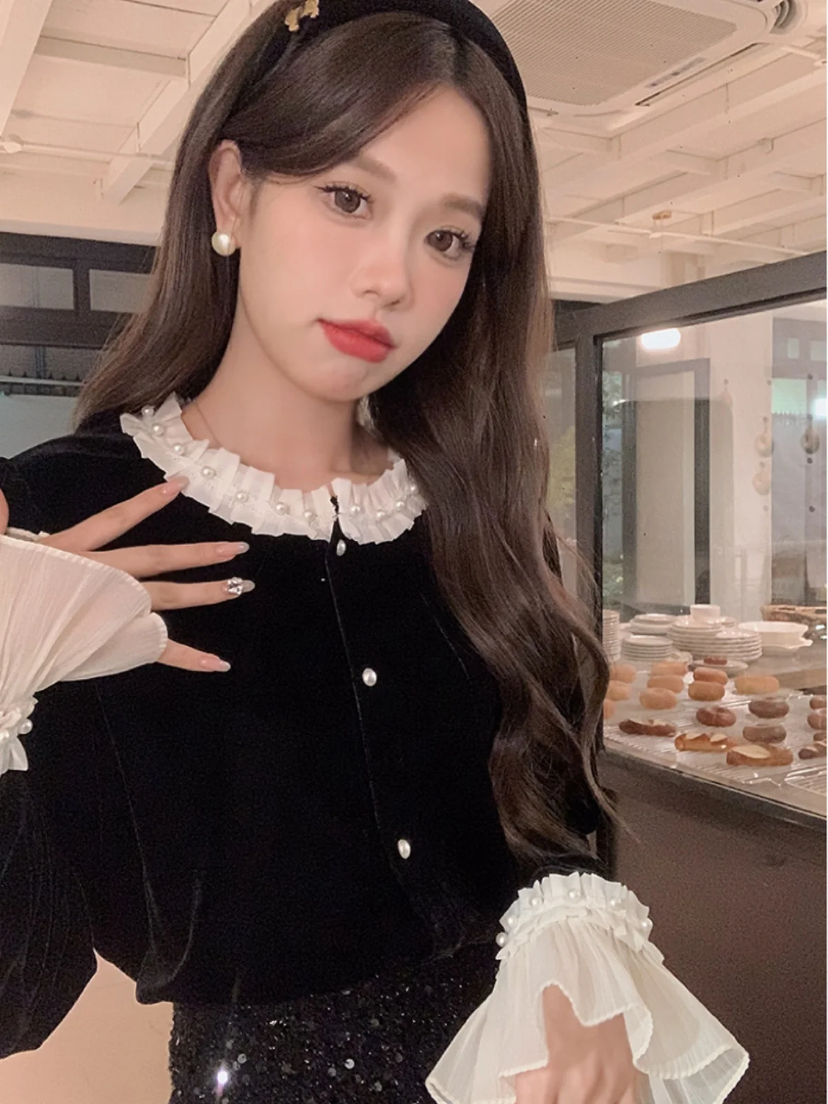 

Женская вельветовая блузка Anli Ele с цветовыми блоками, модная, с высоким воротником, длинными рукавами, свободного кроя