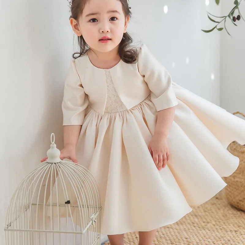 Jacket Baby Kids Princess Satin Lace Bow Flower Girl Dress Children First Communion Dress Ball Gown Wedding Party Dress Birthday