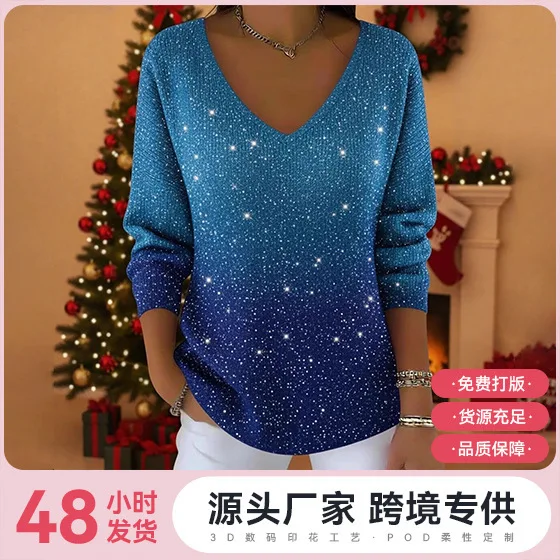 

Romantic V Neck Top Long Sleeve Pullover Top 3D Digital Print Top Valentine Day Casual T-Shirt Soft Comfortable For Women