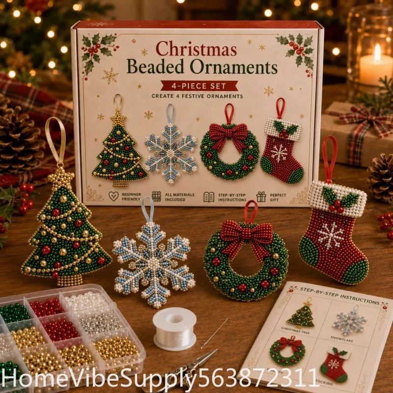 4 Pieces 3D Beaded Christmas Tree & Snowflake DIY Handmade Craft Kit Beaded Christmas Hanging Pendant Ornament Holiday New Year Gift For Family Friends