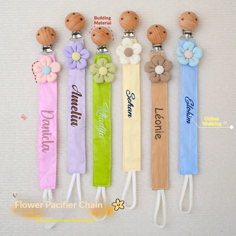 Custom Embroidered Name Baby Pacifier Clip Floral Cotton Dummy Holder Anti Lost Soother Strap Infant Gift