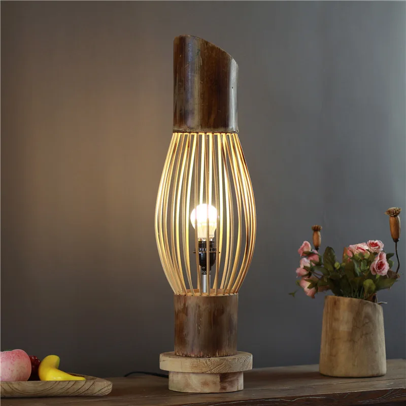 Lámpara de pie artesanal de madera de seda de bambú hecha a mano, lámparas decorativas pastorales cálidas para casa de familia