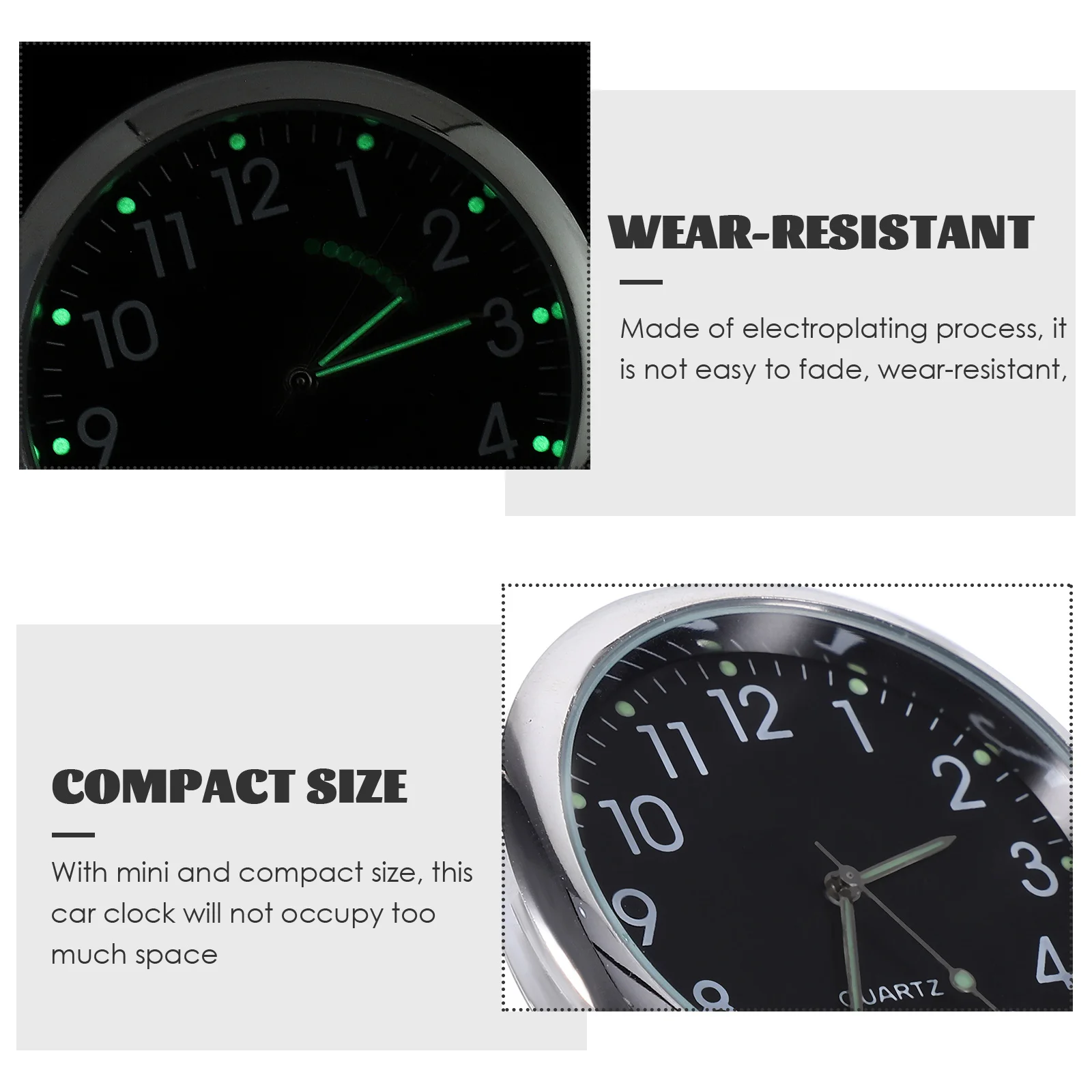 

1PCS Night Glow Pointer Mini Quartz Dashboard Car Ornament Black Round Long Lasting Anti Fade Wear Resistant Vehicle Accessory
