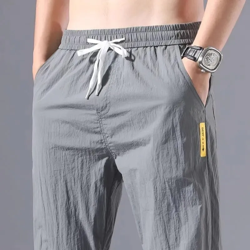 

New 2025 Men's Summer Thin Ice Silk Qui Dry Loose Casual Work Pants Polyester Fiber mid Waist Trousers for Young Men