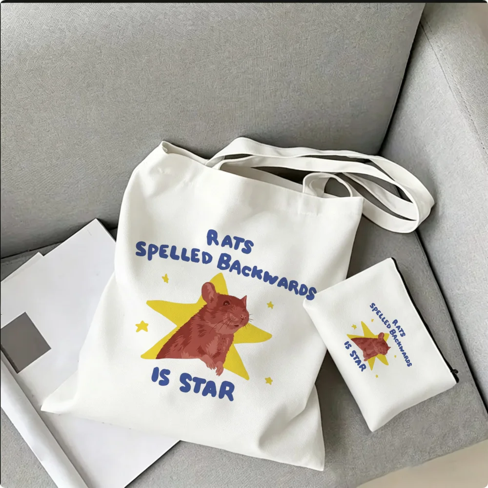 Funny Meme Rat Tote Bag Daily Shopping Shoulder Handbag Star Mouse Graphic Print Cute Animal Casual Campus School Bookbags Purse