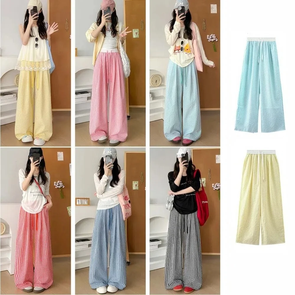 

High Waist Straight Plaid Pants Thin Casual Y2K Drawstring Pants Stripe Baggy Trousers Wide Leg Loose Pants Streetwear