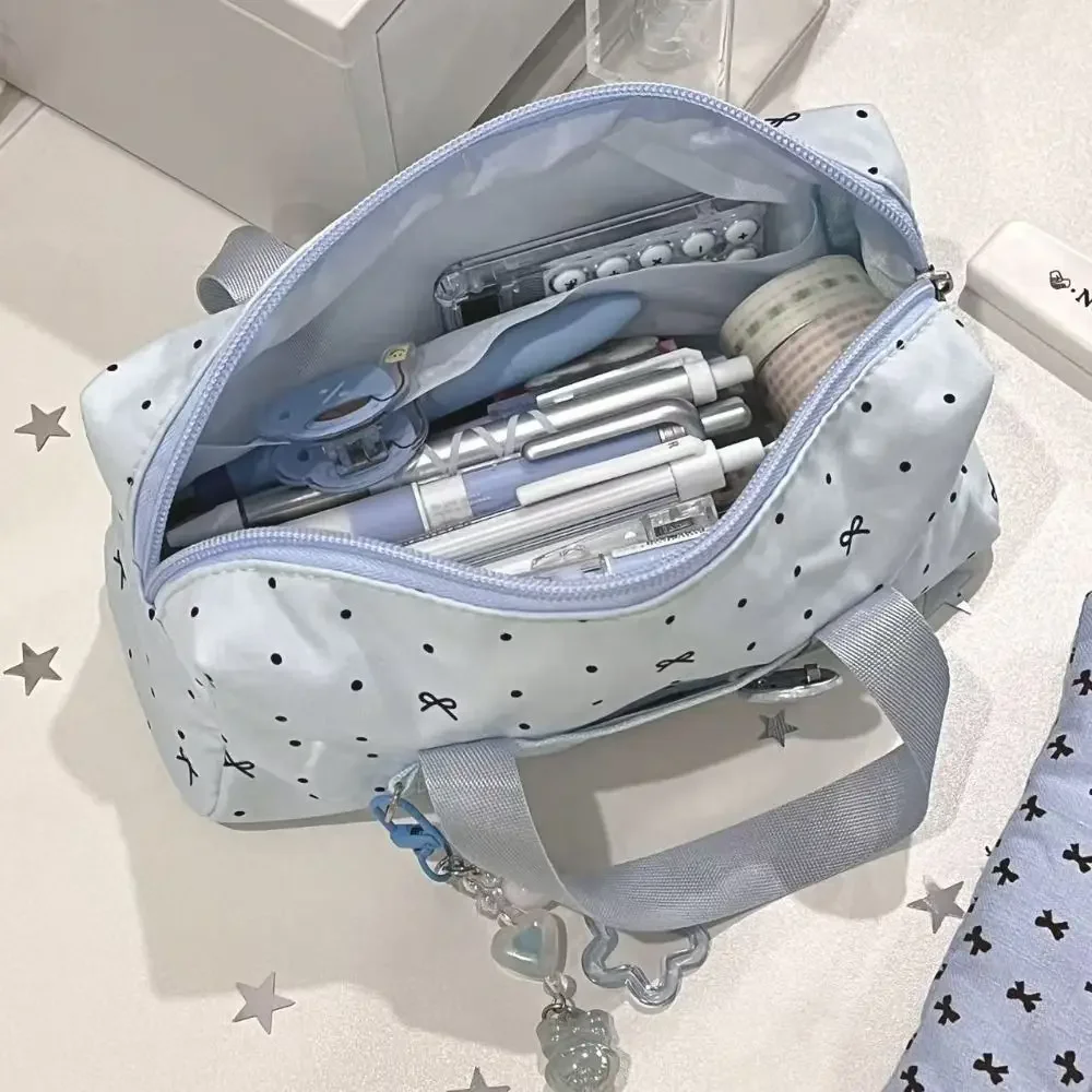 Portable Blue Polka Dot Pencil Case Multi-functional Bow Pattern Stationery Bag Large-capacity Stationery Pouch Students Gift