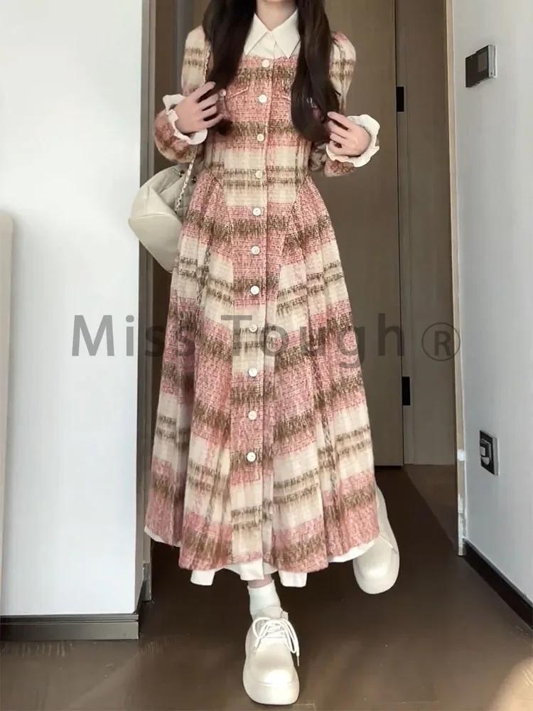 Pink Elegant Fake Two Piece Dress Women Plaid Patchwork Design Sweet Dresses Female Korean Fashion Casual Chic Dress 2024 Winter