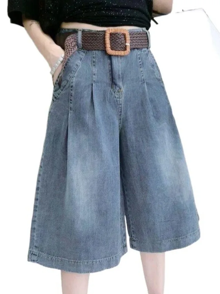 Celana Jeans Kaki Lebar Pinggang Tinggi Wanita Celana Tujuh Kaki Trendi Kasual Lurus Pelangsing Longgar Faion Baru Tipis Musim Panas