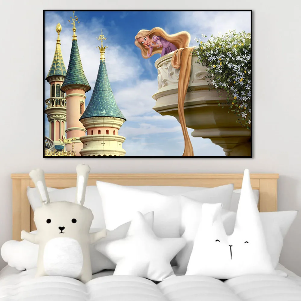 Disney Tangled Anime Art Poster, Cute Rapunzel Castle Picture, Cartoon Wall Art, Canvas Print, Kids Room Nursery Home Decor