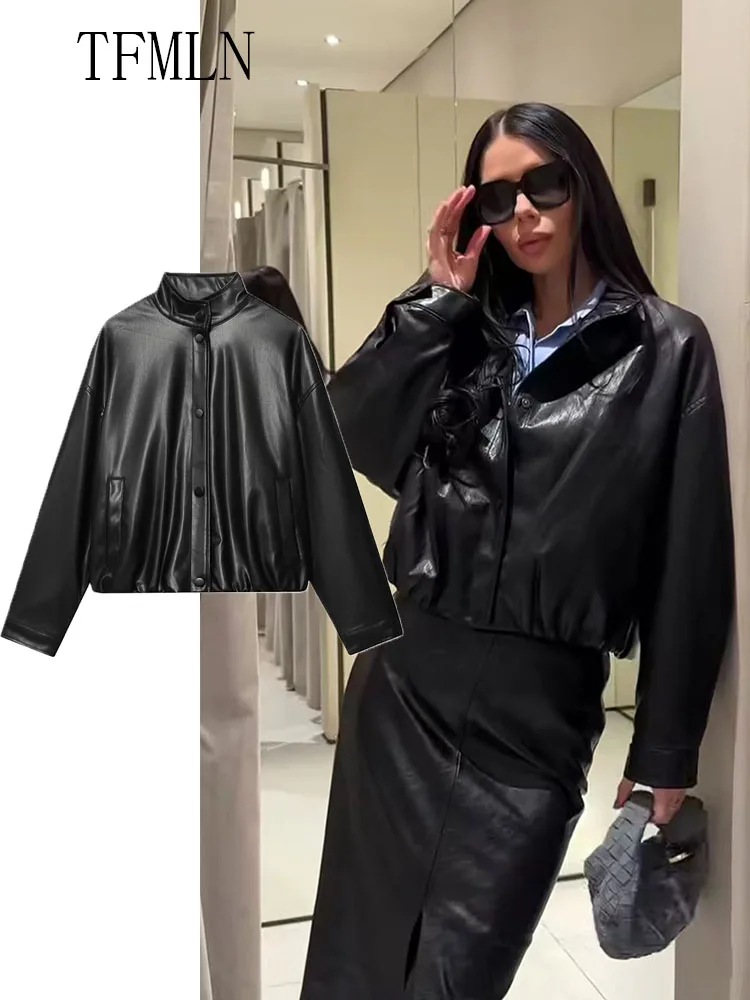 

TFMLN 2025 Autumn Women Faux Leather Bomber Jackets Fashion Stand Collar Single Breasted Loose Coats Causal Motorcycle Outwear
