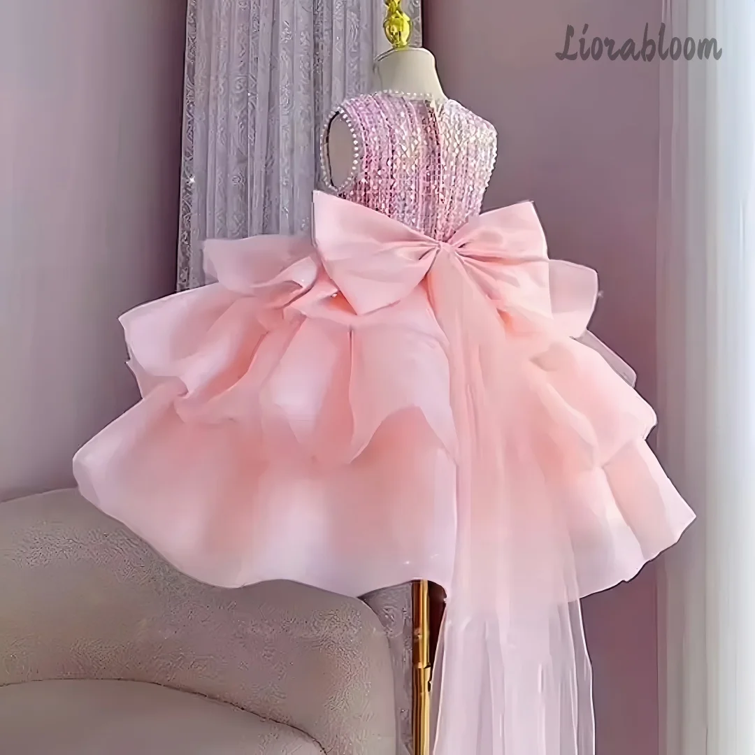 Pink Rhinestone Embellished Flower Girl Dress Short Puffy Formal Party Ball Gown for Little Girls