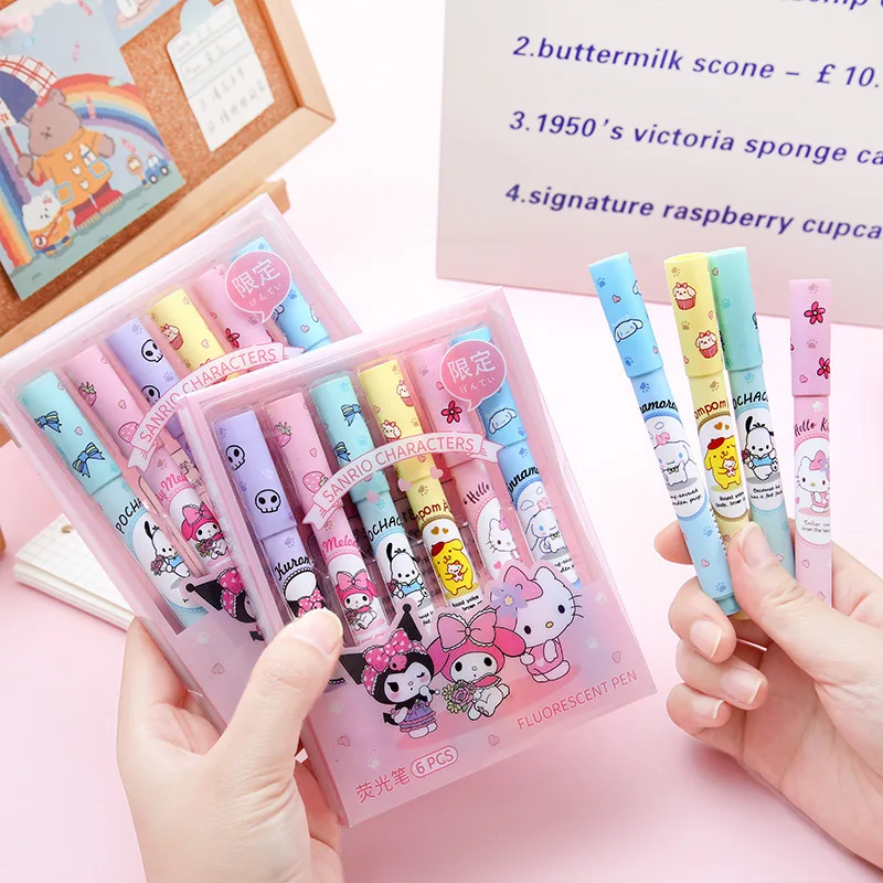 Sanrio Highlighter 12/24pcs Girl Cartoon Hello Kitty Kuromi Inclined Head Notebook Students Draw Key Marks Eye Protection Marker