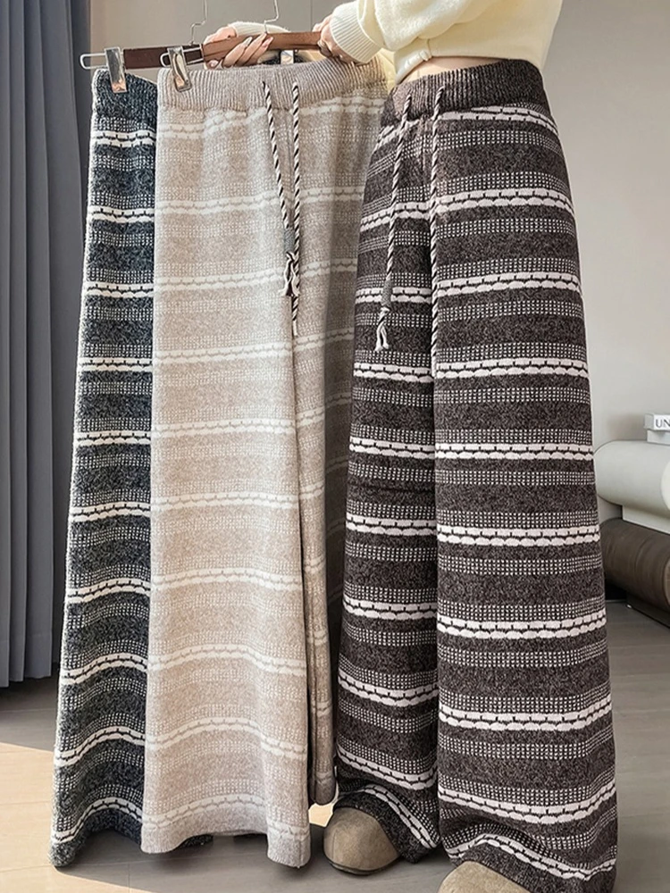 Color blocking striped wide leg pants women autumn and winter American style high waisted casual straight knitted pants