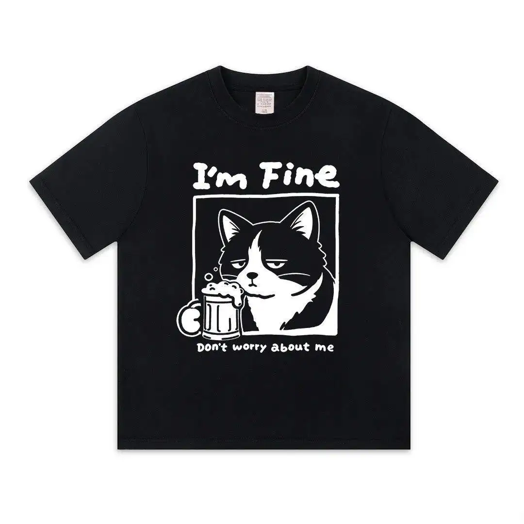 Cat Drinking Draft Beer. 2026 Summer Pure Cotton Cartoon Print Short-sleeved T-shirt for Both Men and Women. Breathable and Soft