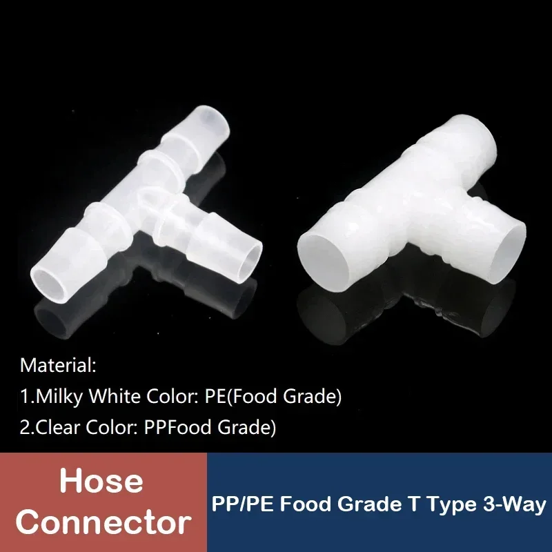 

PE food grade T-type water pipe connector Dia 3.2mm~25mm 3-way shunt suitable for connecting hoses 10~50Pcs