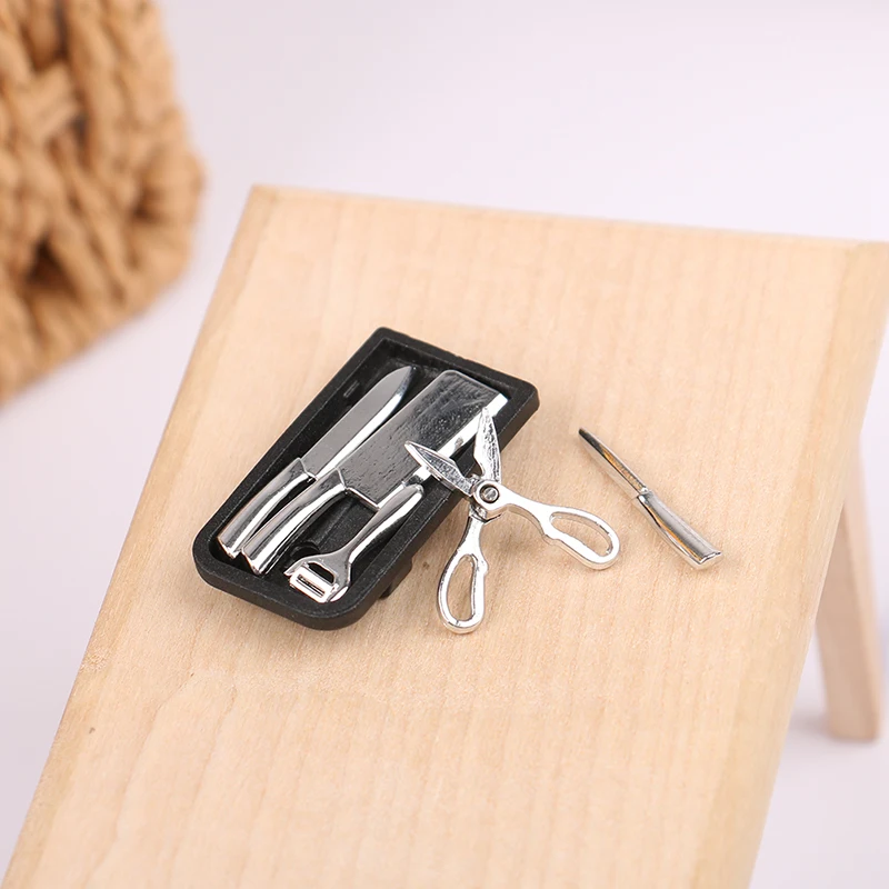 1:12 Dollhouse Kitchen Knife Set Mini Knife Scissor Peeler With Holder Kitchen Furniture Accessories Kids Play Toys Gift