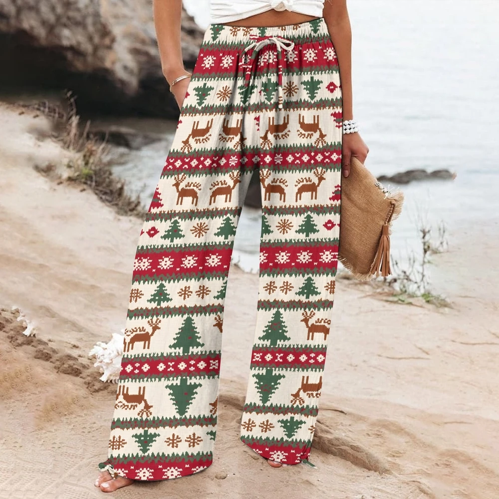 

Women's Christmas Elk Pine Print Casual Pants, Loose Trend, Wide-Leg Pants, Vacation Party Beach Pants, New Nice