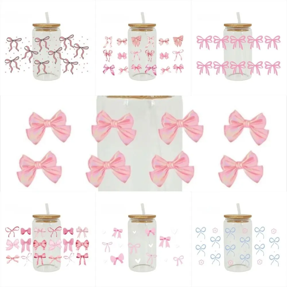 Pink Bow Waterproof UV DTF Transfer Sticker Smooth Clear Water Bottles Sticker 3D Design Strong Sticky Cup Wraps Glass Bottle