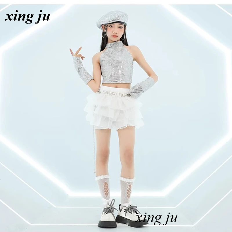 Nieuwe kinderen zilveren pailletten halter vest jazz kostuum meisje street dance witte elastische gezwollen rok kinderen hiphop show outfits