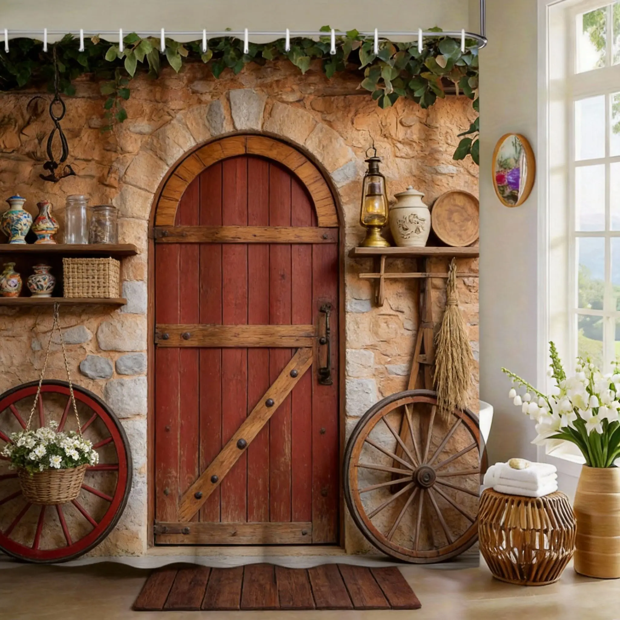 

Душевая штора в стиле фермерского дома 180x180 см – дизайн с деревянным колесом и дверцами сарая, декор для ванной в деревенском стиле, 12 крючков