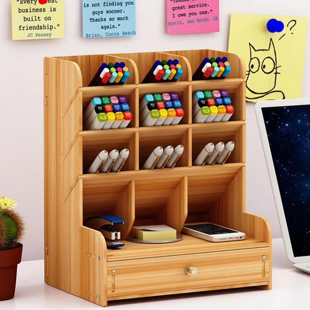 Portable Large Capacity Wooden Desk Organizer with Drawer Multi-grid Pen Holder 5 Layer Desktop Storage Shelf Home
