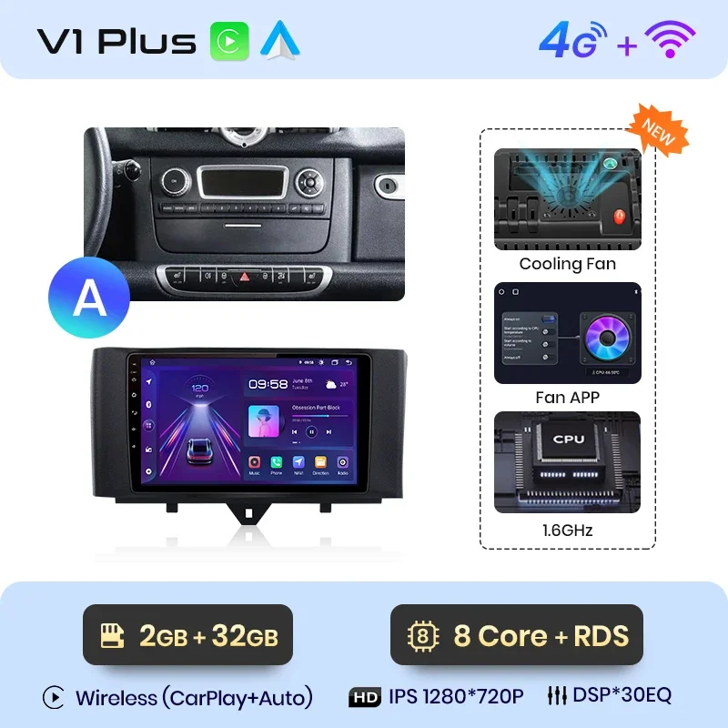 Junsun Draadloze Carplay Android Auto Radio Voor Smart Fortwo 451 2005 - 2015 Auto Intelligente Systemen Rds Bt Dsp 2 Din Autoradio