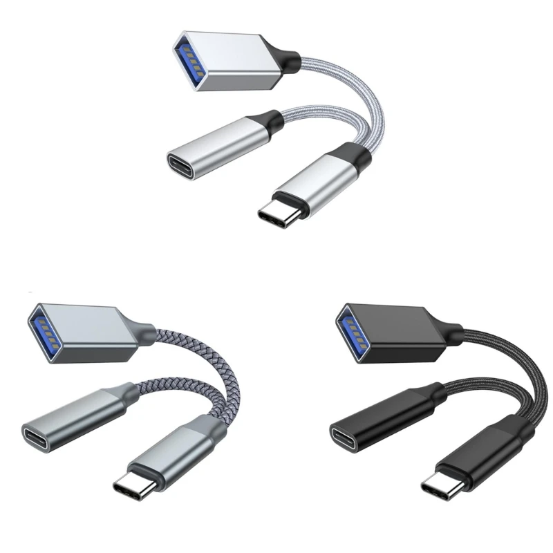 

Адаптер USB C OTG, разветвитель 2 в 1 USB C с PD10W быстрой зарядкой Type-C Otg и гнездовым портом USB A, нейлоновый плетеный кабель