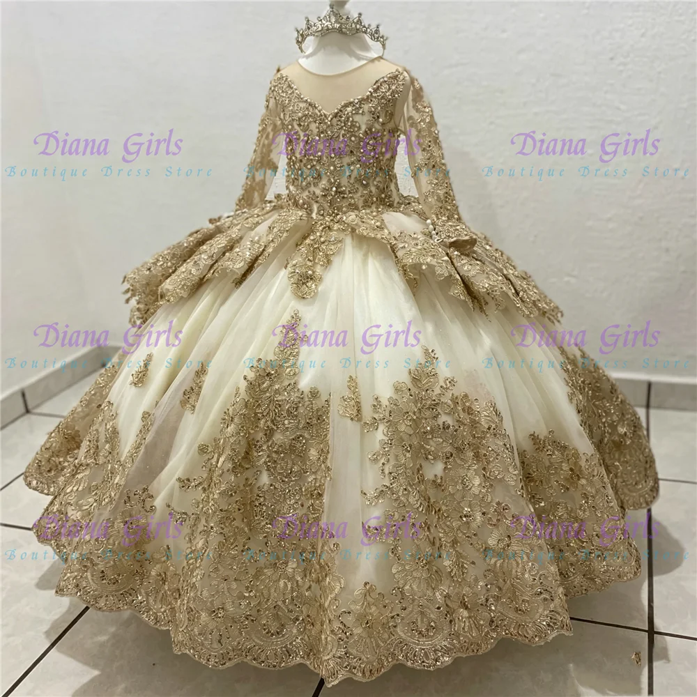 Nuevo Vestido de Niña de Flores de Tul Champán Lujoso y Esponjoso con Exquisitos Apliques Dorados para Bodas, Cumpleaños y Fiestas de Gala Infantiles