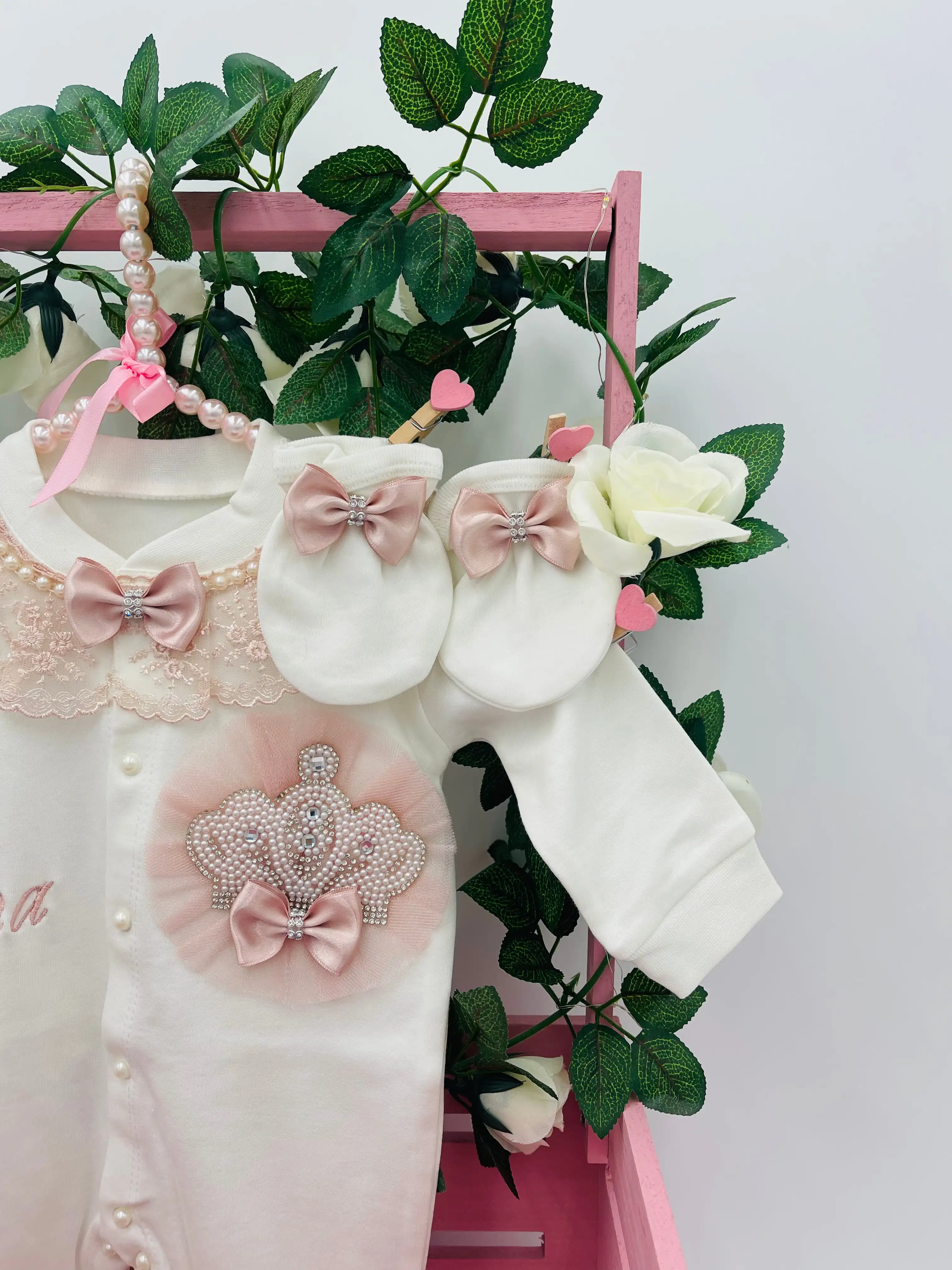 Angle Wing Take Me Home Outfit Pink Lace Baby Gown Baptism Gift Butterfly Baby Outfit and Bonnet  Infant Girl 3pcs Layette view 3