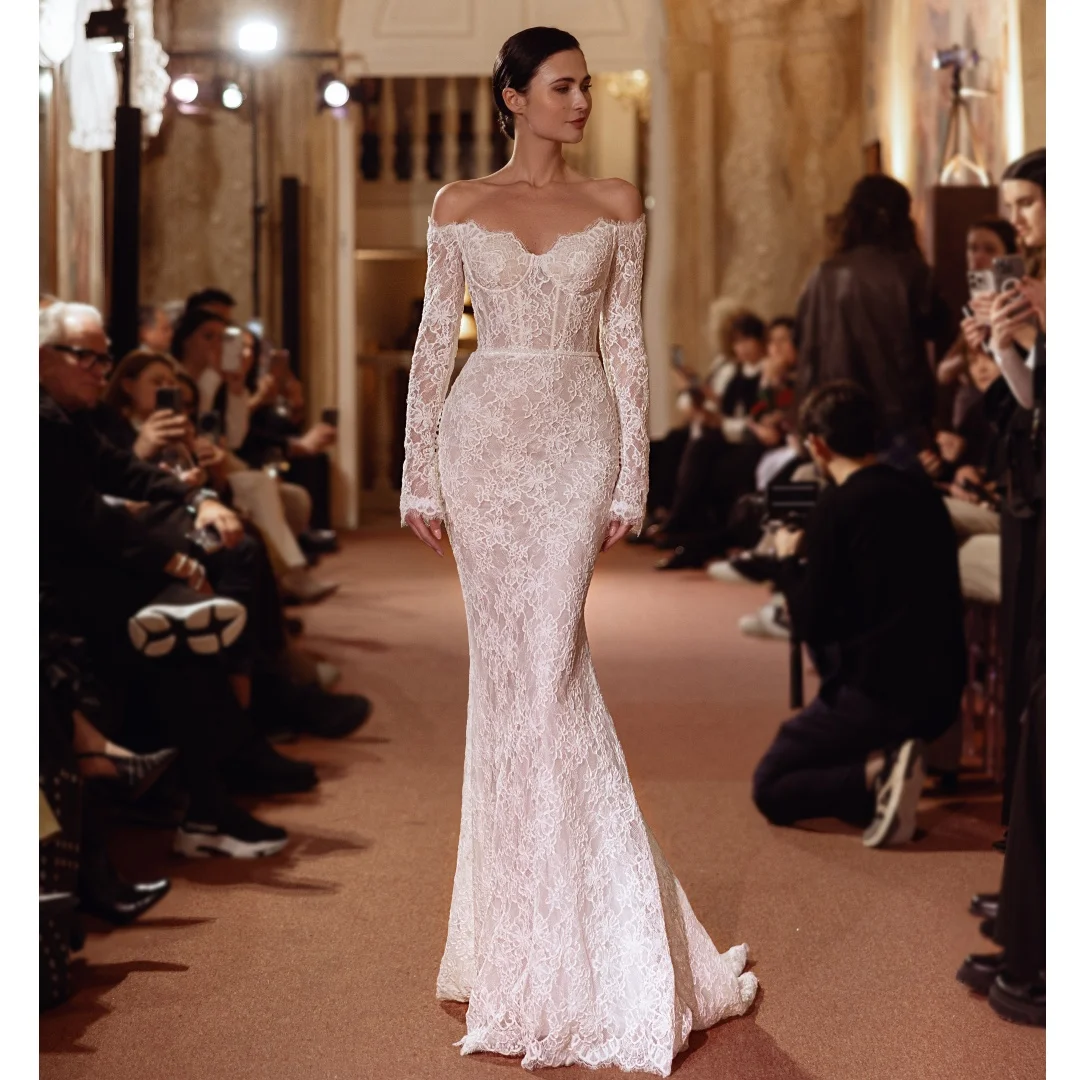 

2026 Mermaid Wedding Dresses Off the Shoulder Lace robe de mariée Long Sleeves Plus Size Bridal Gown Elegant Vestidos Customized