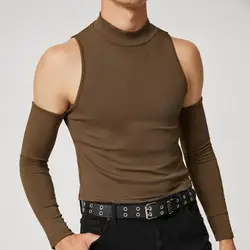 Sexy Men Club Top Off Shoulder Hollow Out Long Sleeve Plus Size Slim Fit Solid Color Half-high Collar Breathable Party Tank Top