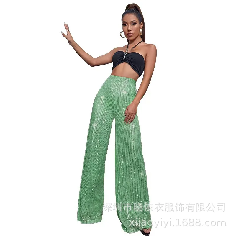 New Women's Solid Color Wide-leg Pants Casual Fashion Elegant Black Sequins Holiday For Women Long Pant Womens Clothing