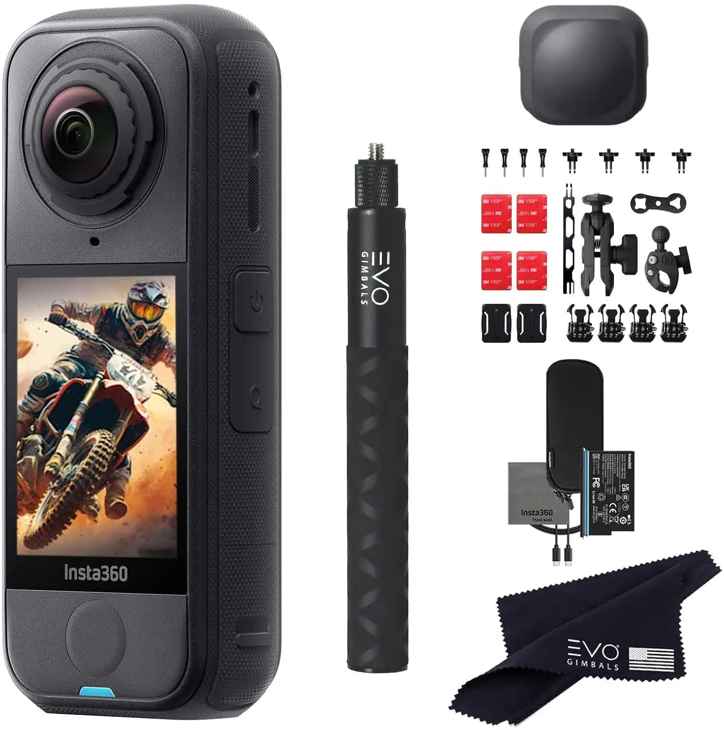Lightest 8K 360 Waterproof Action Camera with Replaceable Lenses for Epic Adventures, Motorcycle Bundle Includes Invisible Selfie Stick and Lens Cap