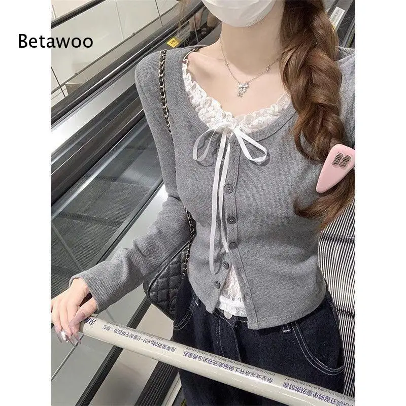 Women Lace Trim Bow Cami Button Front Ribbed Knit Cardigan Fake Two Piece Long Sleeve Slim Fit Sweet Top for Daily